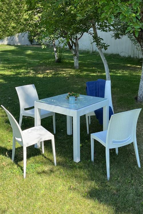 Rattan Small Camlı Beyaz Masa Takımı Bahçe&Balkon 1 Camlı Masa 4 Sandalye