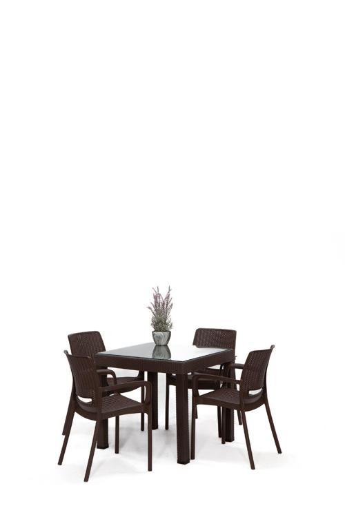 Rattan Small Lüx Camlı Kahve Masa Takımı Bahçe&Balkon 1 Camlı Masa 4 Sandalye