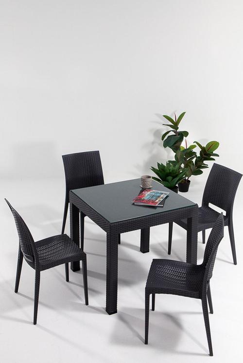Rattan Camlı 80X80 Bahçe&Balkon&Teras Masa Seti - Antrasit