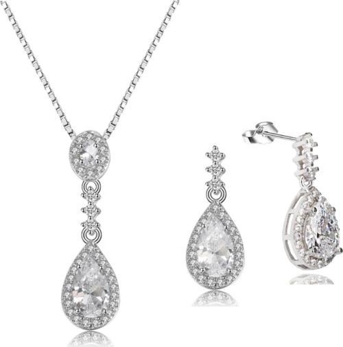 Zirkon Taşlı Işıltılı Damla Diamond Kadın Gümüş Kolye Küpe Seti