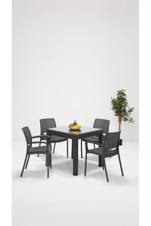 Rattan Camlı Lüx 80X80 Bahçe&Balkon&Teras Masa Seti - Antrasit