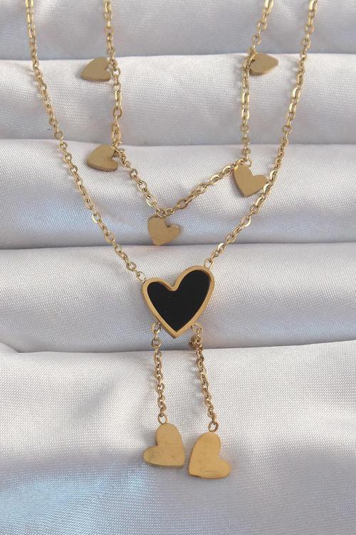 316L Çelik Gold Renk Mineli Çoklu Kalp Kolye - EBJ240820W26657