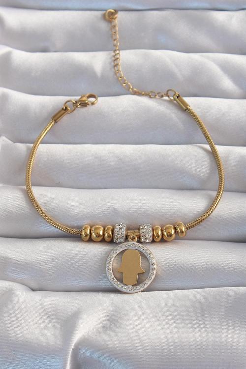 316L Çelik Gold Renk Zirkon Taş Aksesuarlı Fatma Ana Eli Bileklik - EBJ240820W26640