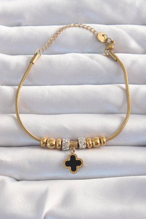 316L Çelik Gold Renk Zirkon Taş Aksesuarlı Siyah Mineli Yonca Bileklik - EBJ240820W26636