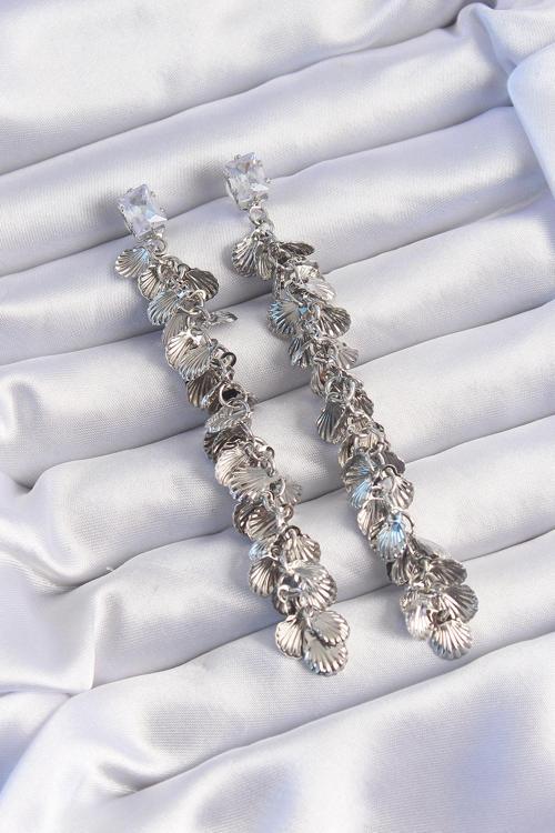 Pirinç Gümüş Renk Zirkon Taşlı Minimal Deniz Kabuklu Sallantılı Küpe - EBJ240820W26616