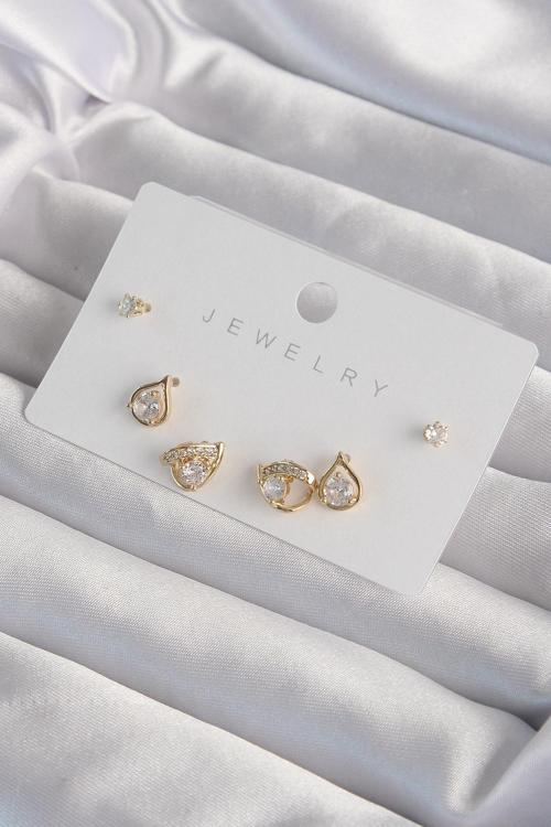 Pirinç Gold Renk Zirkon Taşlı Damla Model Küpe Seti - EBJ240820W26721