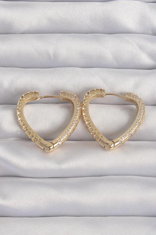Pirinç Gold Renk Zirkon Taşlı Motifli Kalp Küpe - EBJ240820W26685