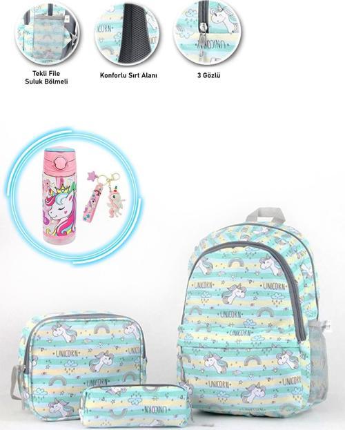 3 Gözlü Yeşil Unicorn Okul Çantası + Beslenme + Unicorn Suluk + Anahtarlık  - İlkokul Çantası