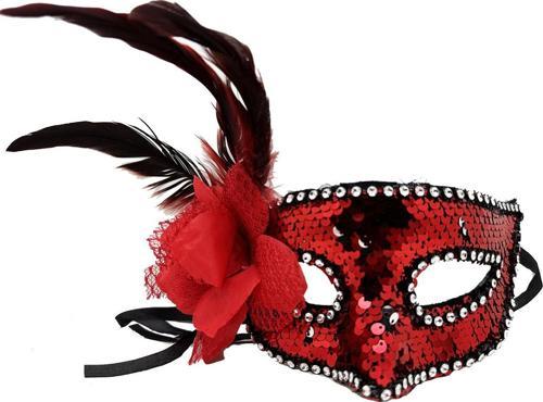 Kırmızı Renk Yandan Tüylü Güllü Gümüş Taşlı Pullu Maske 20x22 cm
