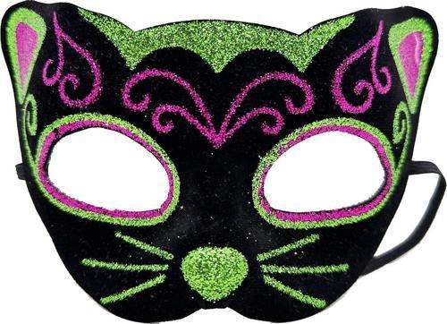 Siyah Kadife Kaplama Üzeri Pembe Yeşil Sim İşlemeli Kedi Maskesi 20x13 cm