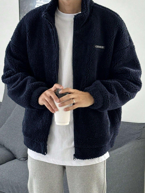 Oversize Peluş Tam Fermuarlı Sweatshirt Peluş İçi Polarlı Sherpa Kumaş Sweatshirt Lacivert Xl