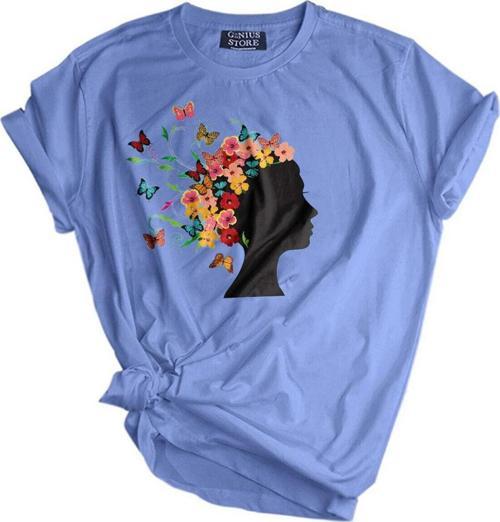 Unısex Baskılı Outdoor Tshirt Normal Kalıp Tişört Çiçek Kadın Mavi S