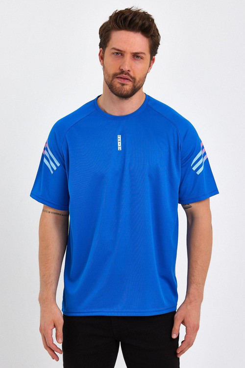 Erkek Spor Tişört Baskılı Fitness, Antrenman Fit T-Shirt Mavi S