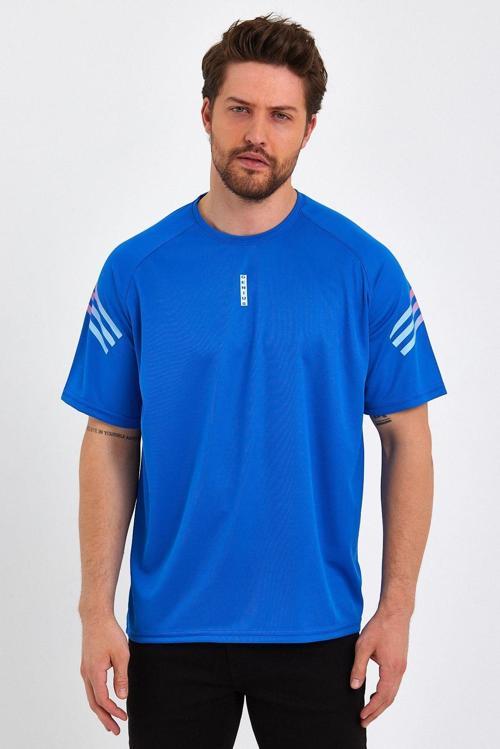 Erkek Spor Tişört Baskılı Fitness, Antrenman Fit T-Shirt Mavi 2Xl