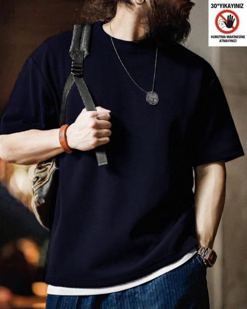 Erkek Oversize Bisiklet Yaka Kısa Kollu Waffle Tişört Waffle-Bisikletyaka Lacivert M