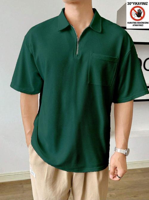 Erkek Oversize Polo Yaka Waffle T-Shirt Poloyaka-Fermuarlı Yeşil Xl