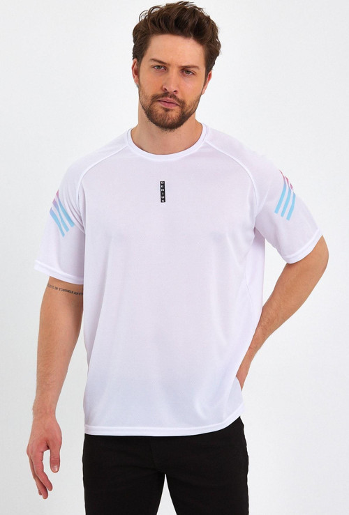 Erkek Spor Tişört Baskılı Fitness, Antrenman Fit T-Shirt Beyaz Xl
