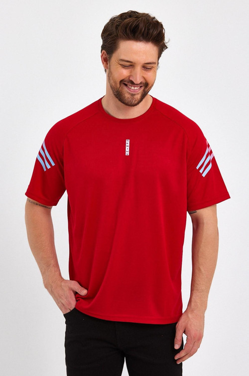 Erkek Spor Tişört Baskılı Fitness, Antrenman Fit T-Shirt Kırmızı M