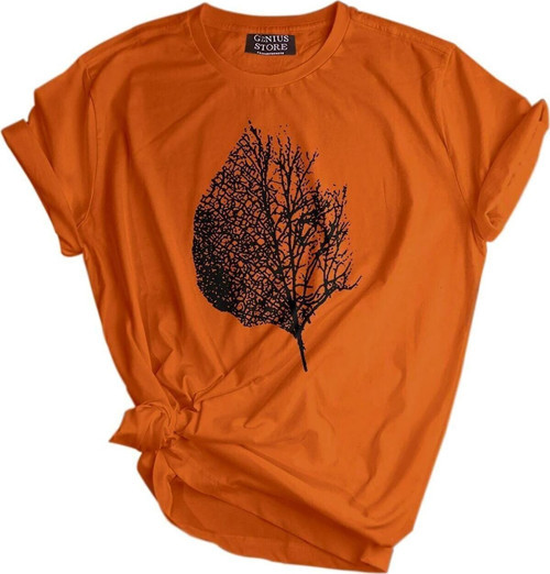Unisex Baskılı Tişört Outdoor Normal Kalıp Tshirt Yaprak Turuncu S