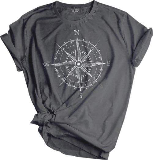 Unisex Baskılı Tişört Outdoor Normal Kalıp Tshirt Pusula Gray Gri S