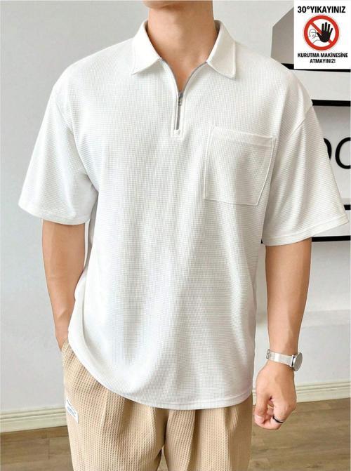 Erkek Oversize Polo Yaka Waffle T-Shirt Poloyaka-Fermuarlı Beyaz Xl
