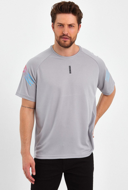 Erkek Spor Tişört Baskılı Fitness, Antrenman Fit T-Shirt Gri S