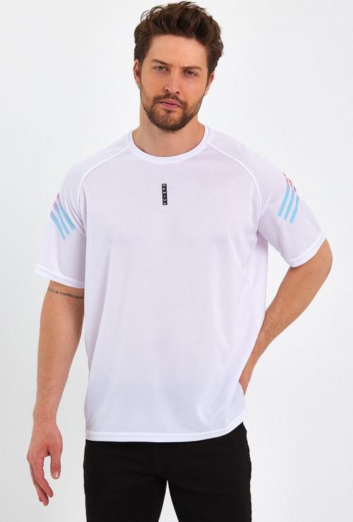Erkek Spor Tişört Baskılı Fitness, Antrenman Fit T-Shirt Beyaz S