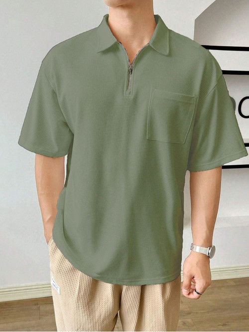 Erkek Oversize Polo Yaka Haki Fermuarlı Waffle T-Shirt Haki 2Xl