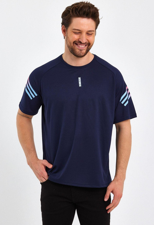 Erkek Spor Tişört Baskılı Fitness, Antrenman Fit T-Shirt Lacivert S