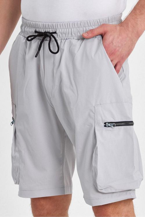 Erkek Şort Fermuarlı Spor Likra Outdoor Bermuda Cepli Kapri Şort Gri S