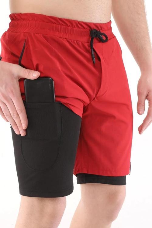 Erkek Spor Şort Running Hızlı Kuruma Micropoly Antrenman Halısaha Fitness Kısa Taytlı Sporcu Şort Kırmızı S