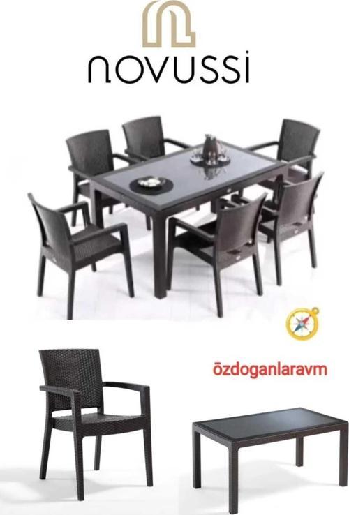 Liverno 6 Kişilik 90 X 150 Cm Camlı Rattan Bahçe Balkon Masa Takımı