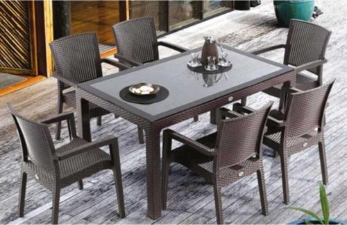Comfort Rattan 90*150 Camlı Masa 6 Sandalye Takımı 6 Minder 1 Sehpa