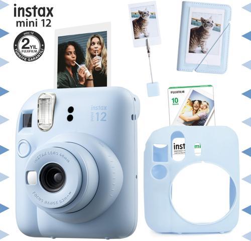 mini 12 Mavi Fotoğraf Makinesi-10'lu Film-Kıskaçlı Stand-Mini Albüm ve Silikon Kılıf Seti