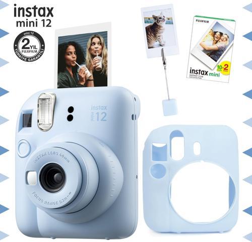 mini 12 Mavi Fotoğraf Makinesi-20'li Film-Kıskaçlı Resim Standı ve Silikon Kılıf Seti