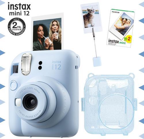mini 12 Mavi Fotoğraf Makinesi-20'li Film-Kıskaçlı Resim Standı ve Simli Pleksi Kılıf Seti