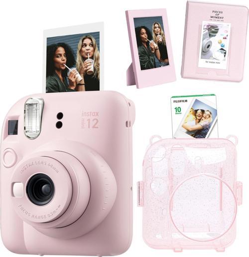 mini 12 Pembe Fotoğraf Makinesi Simli Pleksi Kılıf Pvc Albüm 10'lu Film ve Çerçeveli Hediye S