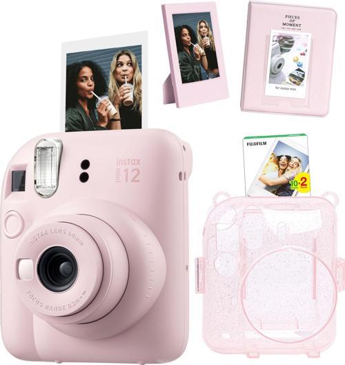 mini 12 Pembe Fotoğraf Makinesi Simli Pleksi Kılıf Pvc Albüm 20'li Film ve Çerçeveli Hediye S