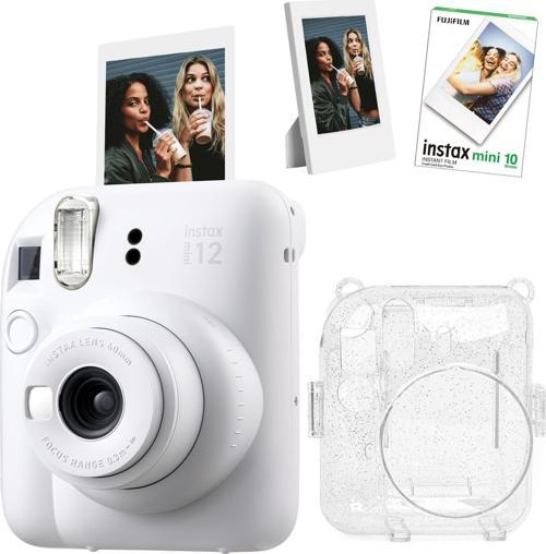 mini 12 Beyaz Fotoğraf Makinesi Simli Pleksi Kılıf Çerçeve ve 10'lu Film Hediye Seti-FOTSI001