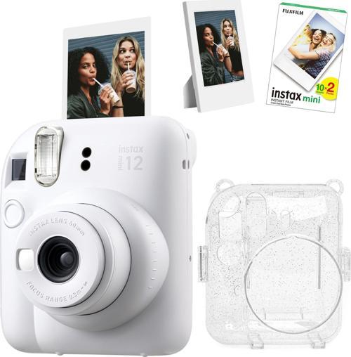 mini 12 Beyaz Fotoğraf Makinesi Simli Pleksi Kılıf Çerçeve ve 20'li Film Hediye Seti-FOTSI001