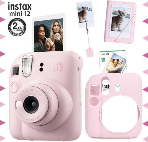 mini 12 Pembe Fotoğraf Makinesi-10'lu Film-Kıskaçlı Stand-Mini Albüm ve Silikon Kılıf Seti