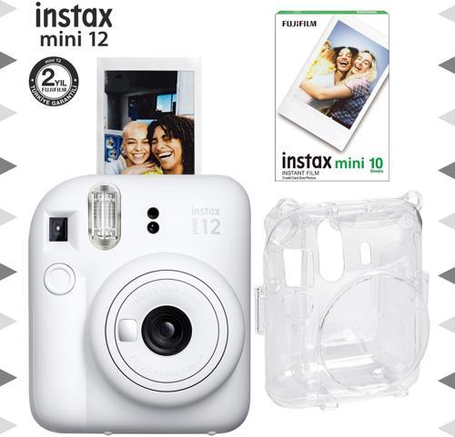 mini 12 Beyaz Fotoğraf Makinesi-10'lu Film ve Şeffaf Kılıf Seti