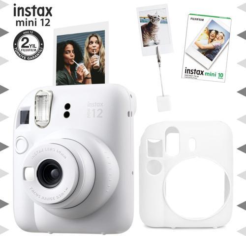 mini 12 Beyaz Fotoğraf Makinesi-10'lu Film-Kıskaçlı Resim Standı ve Silikon Kılıf Seti