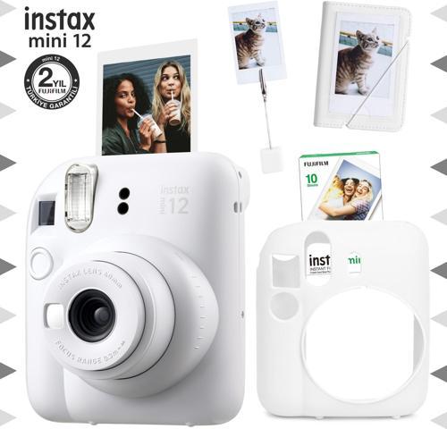 mini 12 Beyaz Fotoğraf Makinesi-10'lu Film-Kıskaçlı Stand-Mini Albüm ve Silikon Kılıf Seti