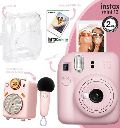 mini 12 Pembe Fotoğraf Makinesi-10'lu Film-Şeffaf Kılıf ve Divoom Fairy-OK Pembe Karaoke Mikr