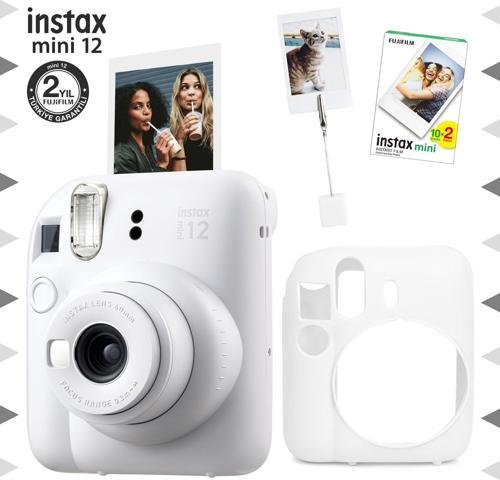 mini 12 Beyaz Fotoğraf Makinesi-20'li Film-Kıskaçlı Resim Standı ve Silikon Kılıf Seti