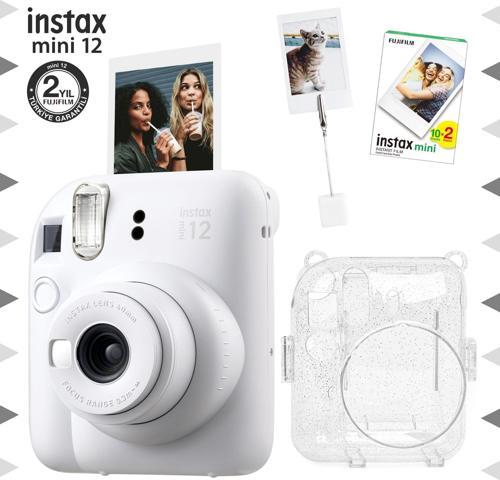 mini 12 Beyaz Fotoğraf Makinesi-20'li Film-Kıskaçlı Resim Standı ve Simli Pleksi Kılıf Seti