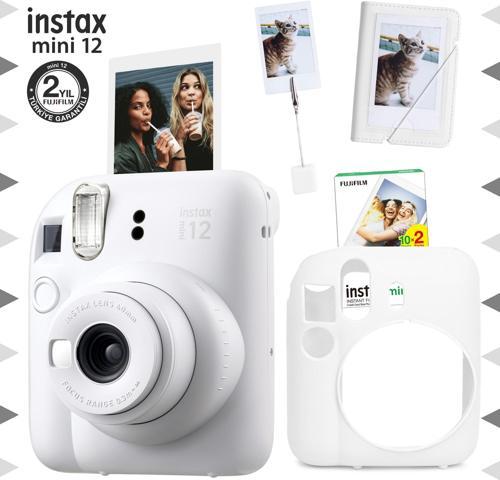 mini 12 Beyaz Fotoğraf Makinesi-20'li Film-Kıskaçlı Stand-Mini Albüm ve Silikon Kılıf Seti