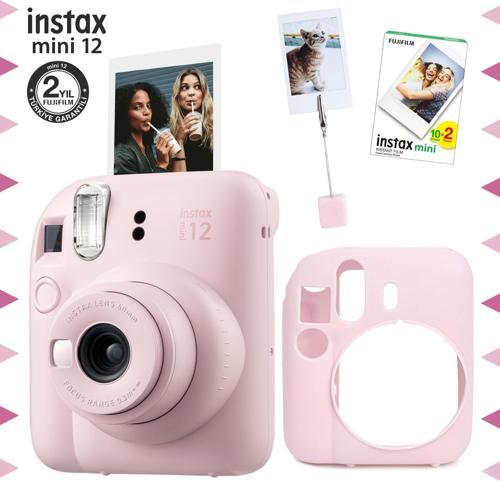 mini 12 Pembe Fotoğraf Makinesi-20'li Film-Kıskaçlı Resim Standı ve Silikon Kılıf Seti