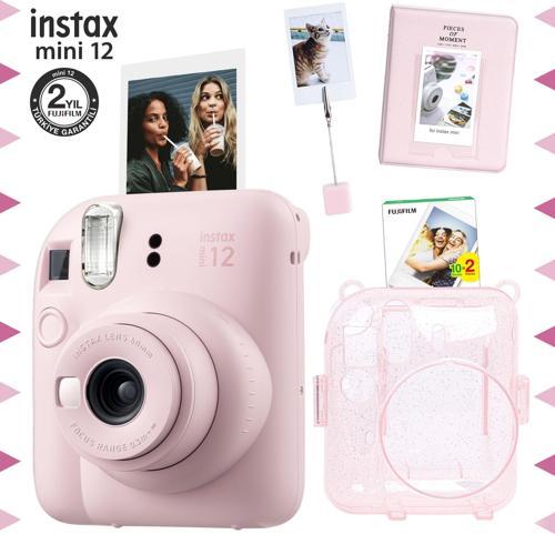 mini 12 Pembe Fotoğraf Makinesi-20'li Film-Kıskaçlı Stand-PVC Albüm ve Simli Pleksi Kılıf Set